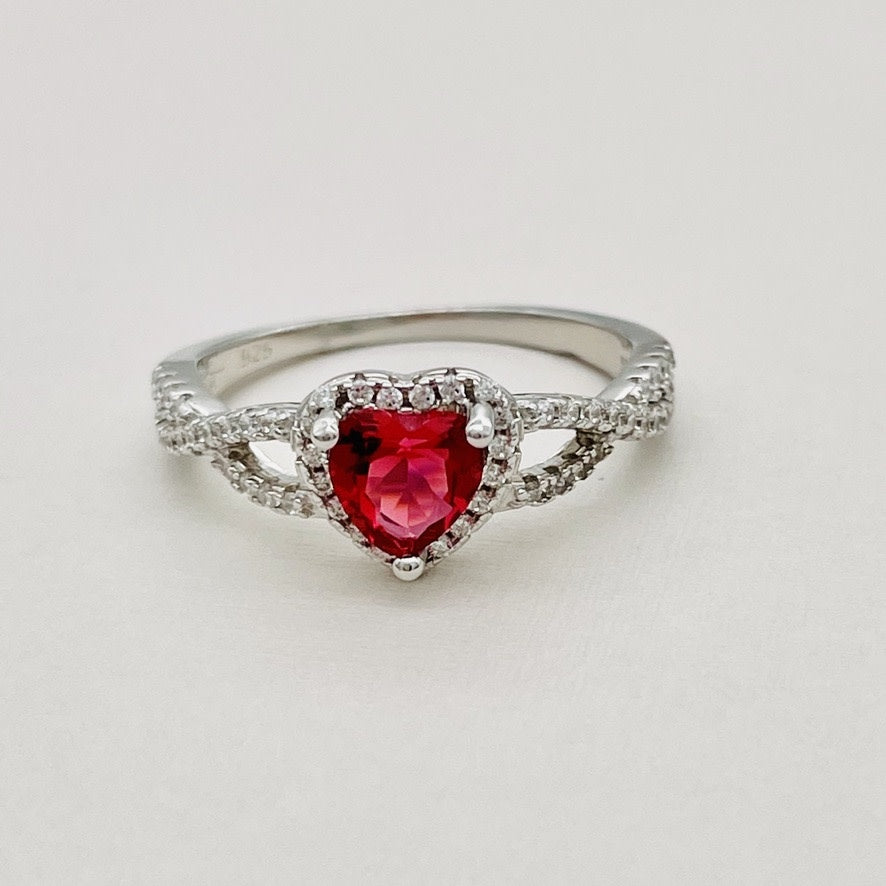 Ice Gems Sterling Silver Created Ruby Red and Heart Ring