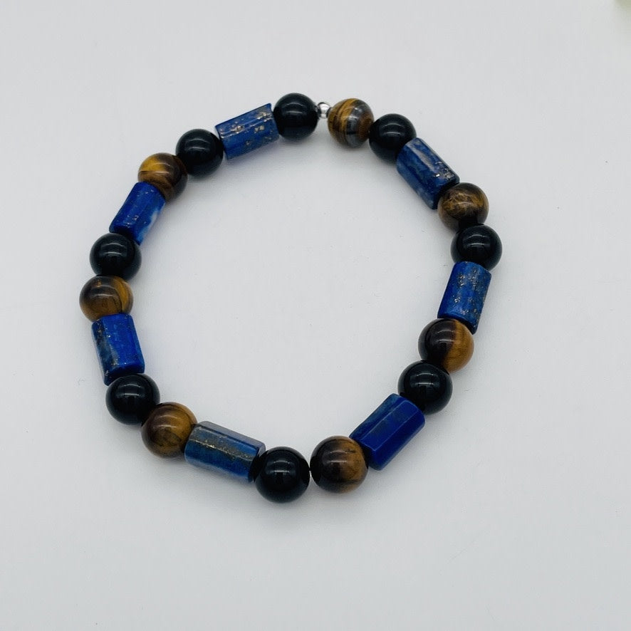 ST1572BL Lapis, Tiger Eye & Onyx 7.5"