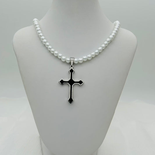 SS1545NL Glass pearls With Cross Necklace 18"