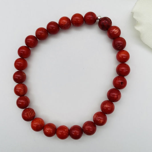 ST997  8"x 8mm. Bracelet  Red Dyed Bamboo Coral