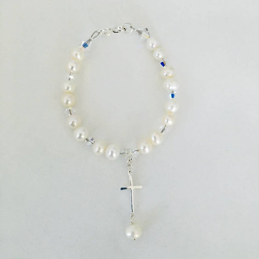 CH846 White Pearls With Cross Bracelet 6"