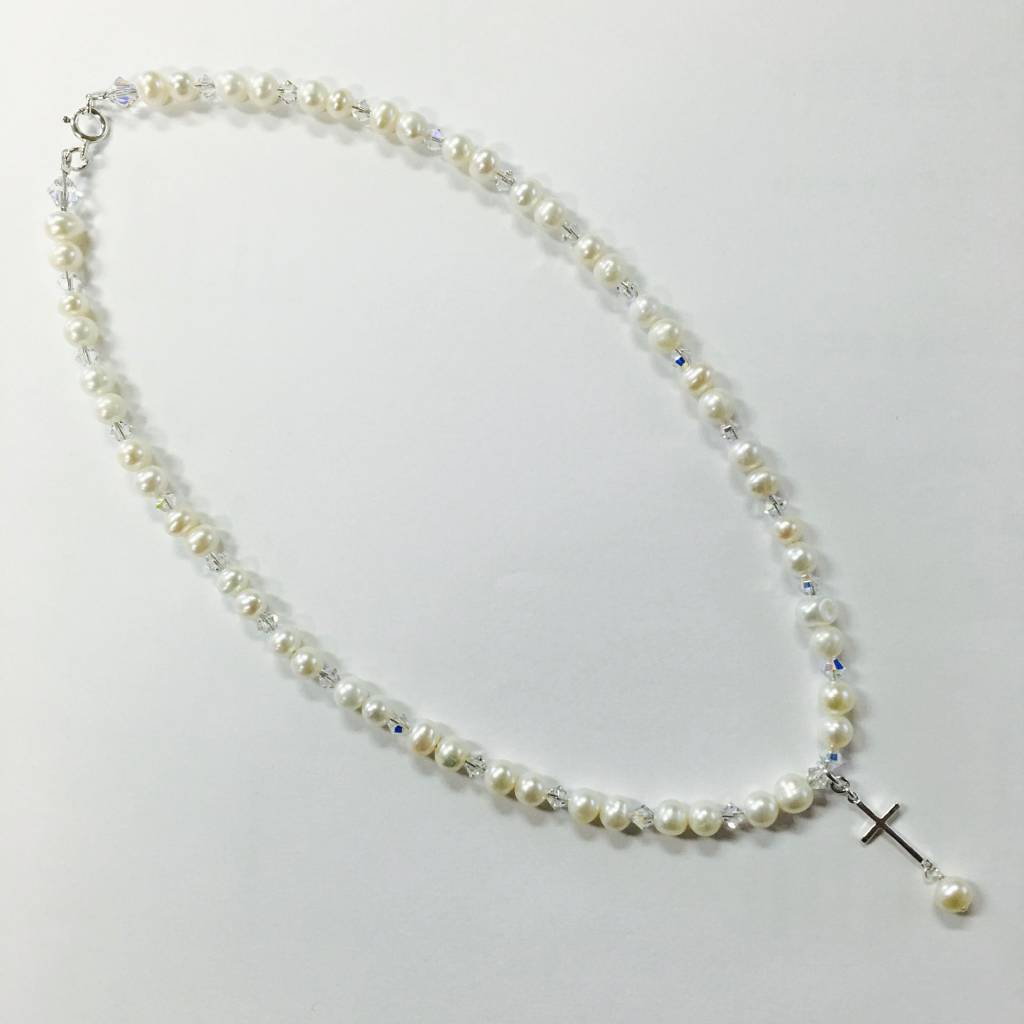 CH846NL White Pearls With Cross Necklace 16'+2"