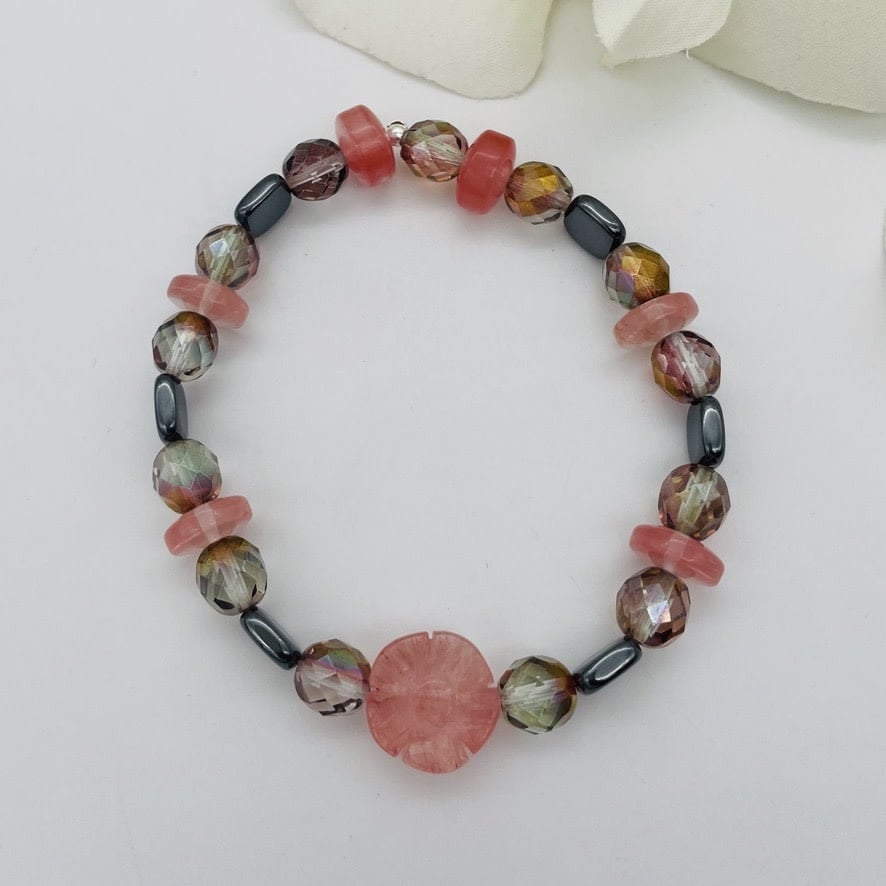 ST1507  7.5" Hematite Bracelet W/ Pink Flower