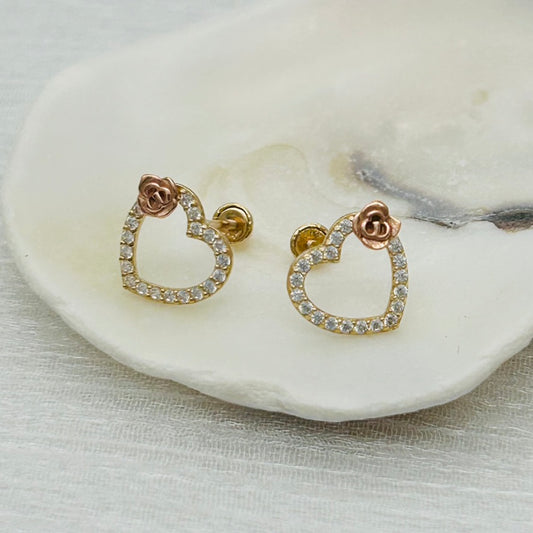 G286ER 14K Gold Heart with Flower Earrings