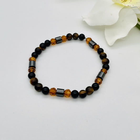 ST1535BL Onyx, Hematite, & Tiger Eye Bracelet 8"