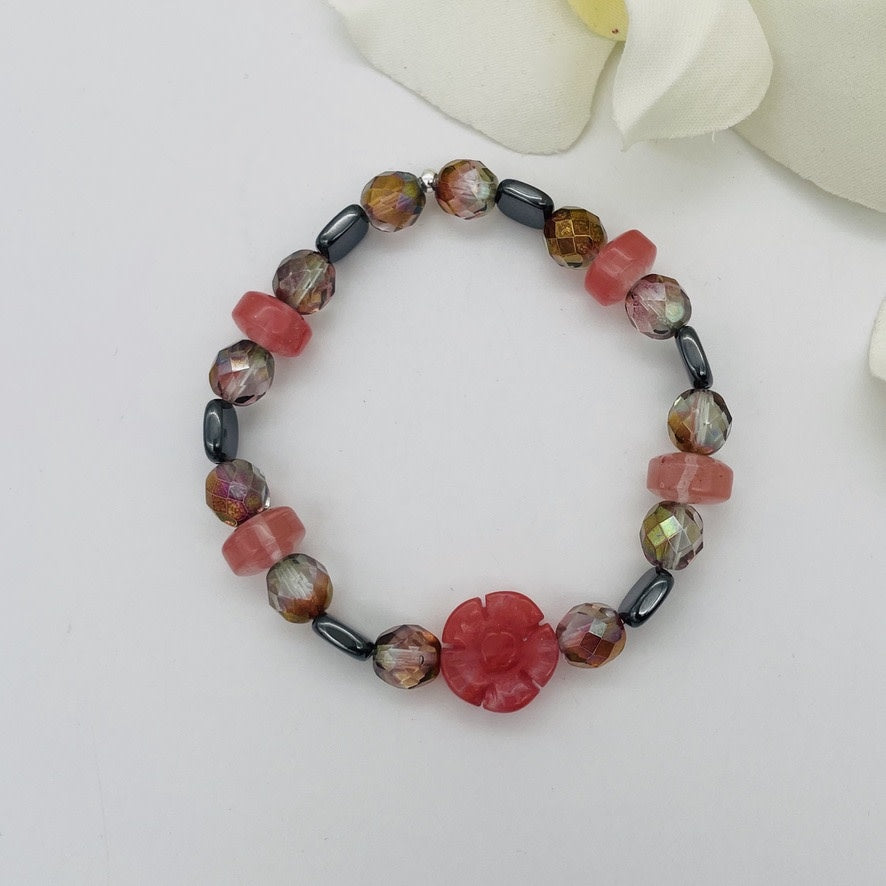 ST1507  7" Hematite Bracelet W/ Pink Flower