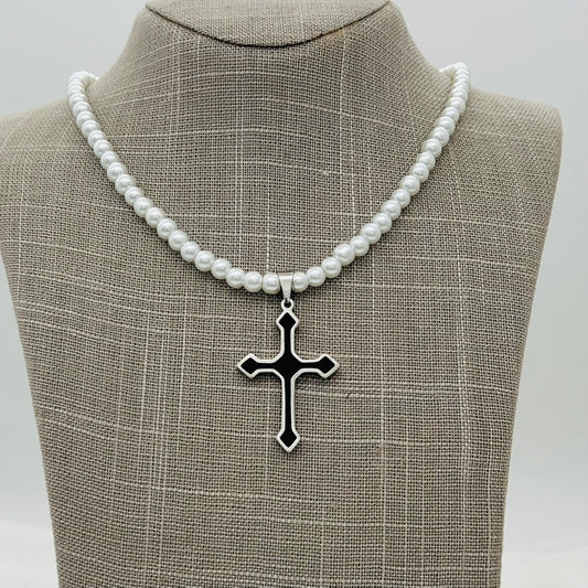 SS1545NL pearls with cross necklace 20"