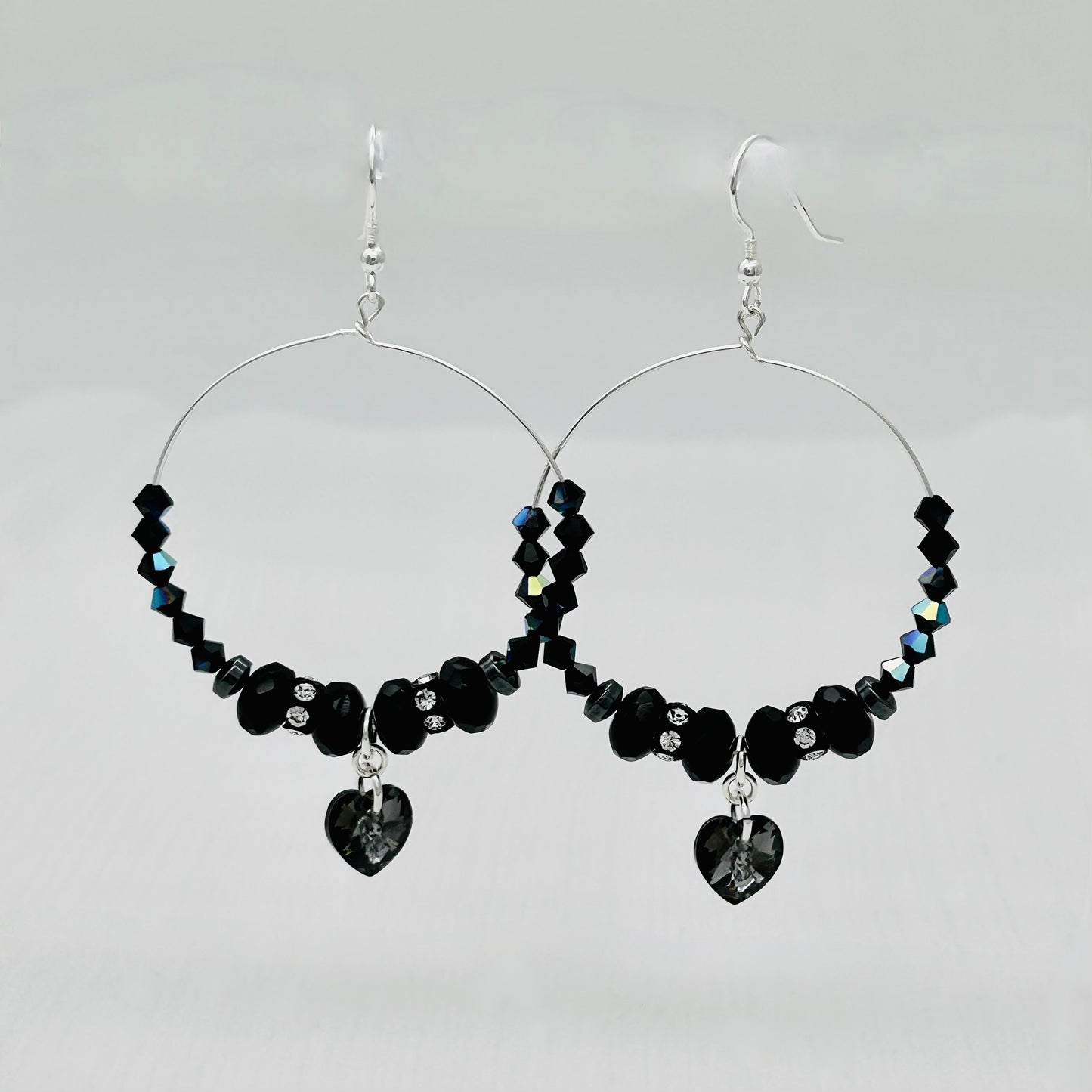 C1209ER Black Hoop Earrings  W/ Hearts