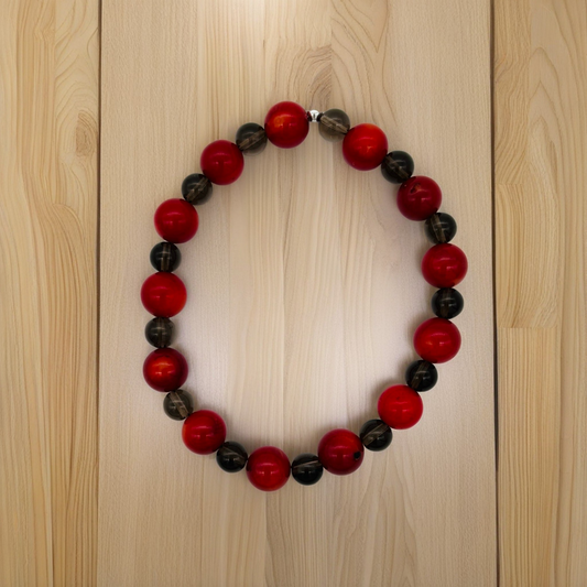 ST1427 Dyed Red Bamboo Coral and Smoky Quartz Bracelet