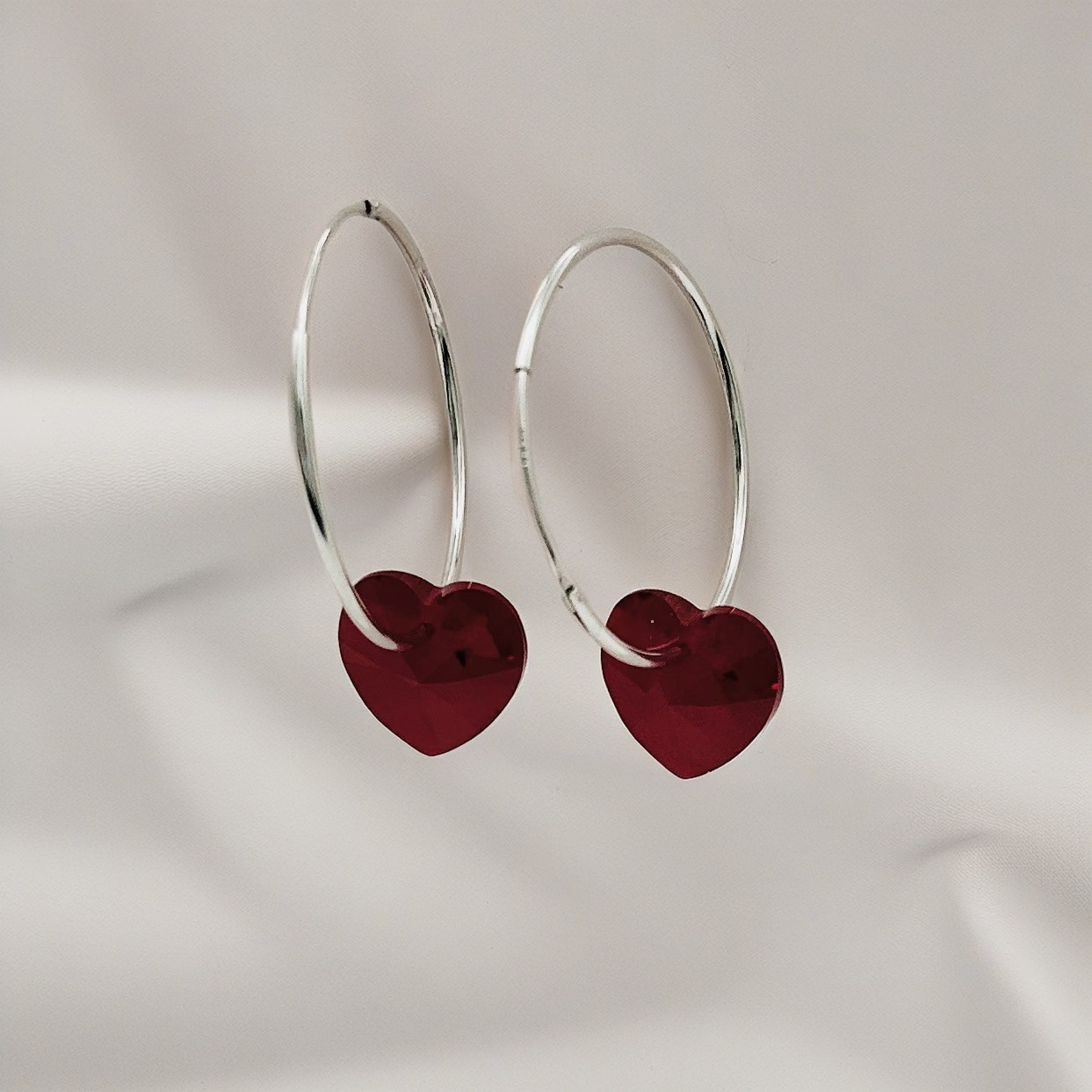 C1363ER Hoop Earrings With Red Hearts 30mm