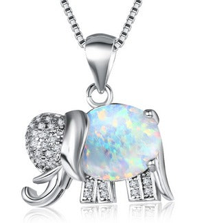 ST1736  18"  White Opal Elephant Necklace