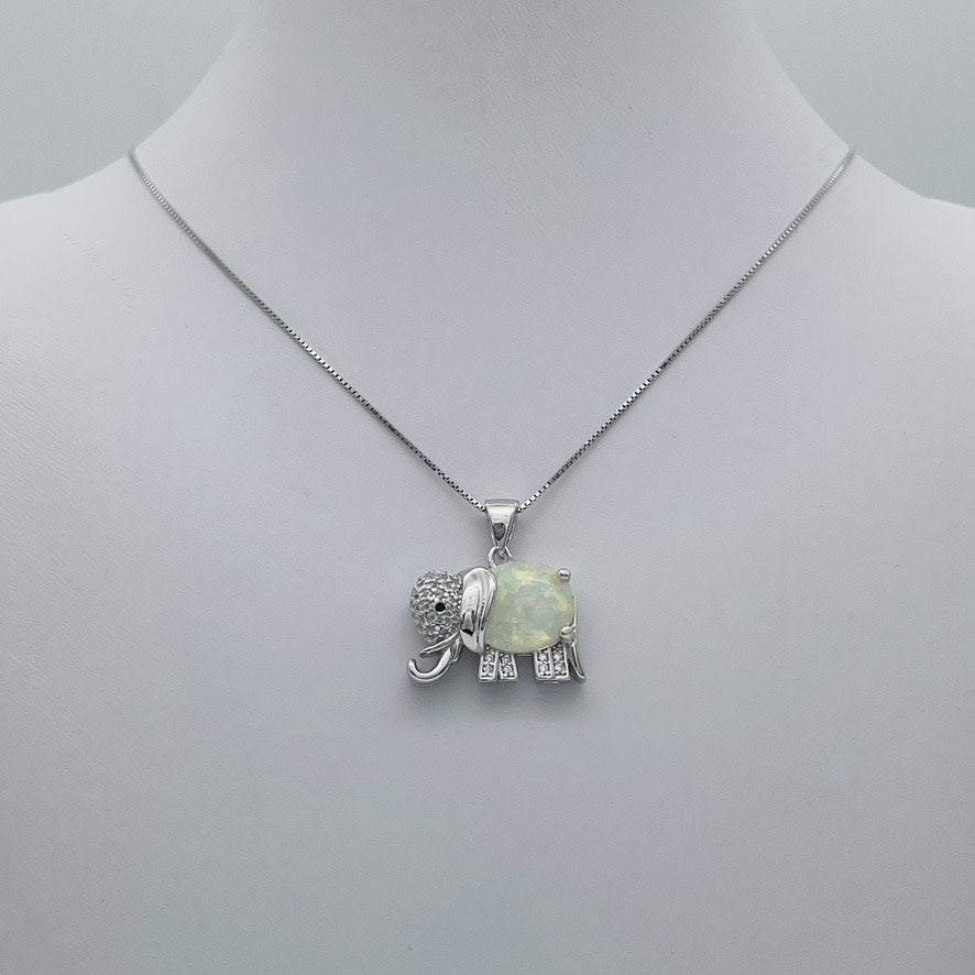 ST1736  18"  White Opal Elephant Necklace