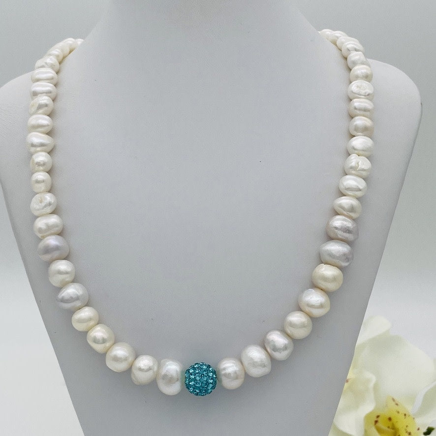 SH992  18" FW Pearls Necklace  W/ Blue