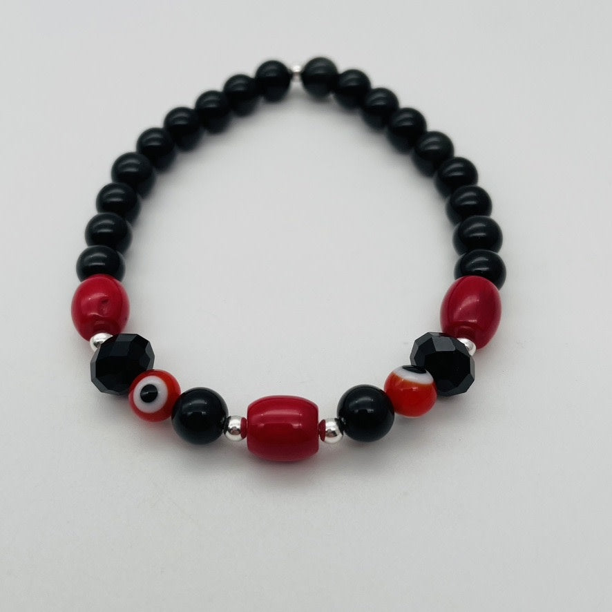 ST1829BL Rainbow Obsidian & Red Dyed Bamboo Coral Bracelet