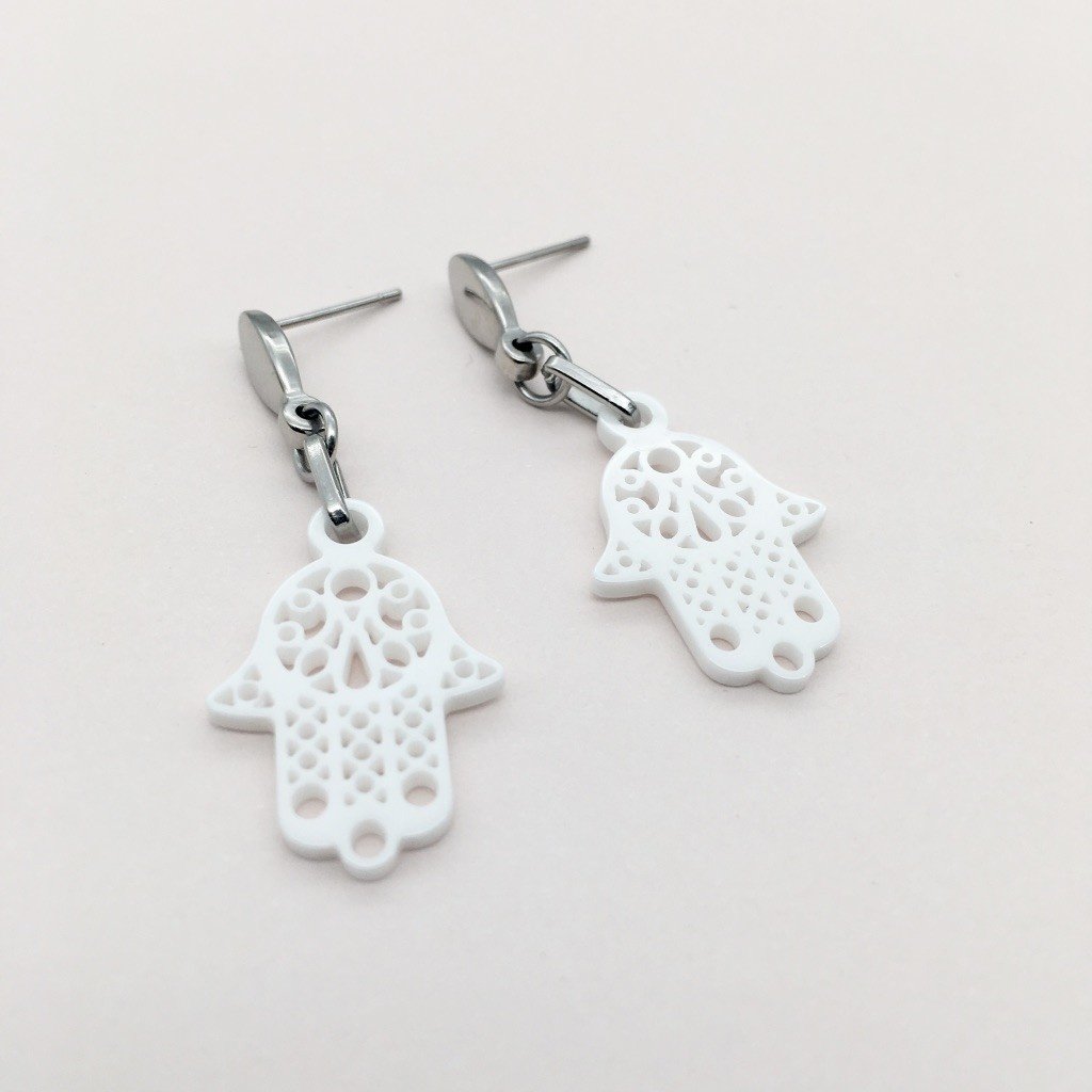 SS1060  White Fatima Hand Earrings