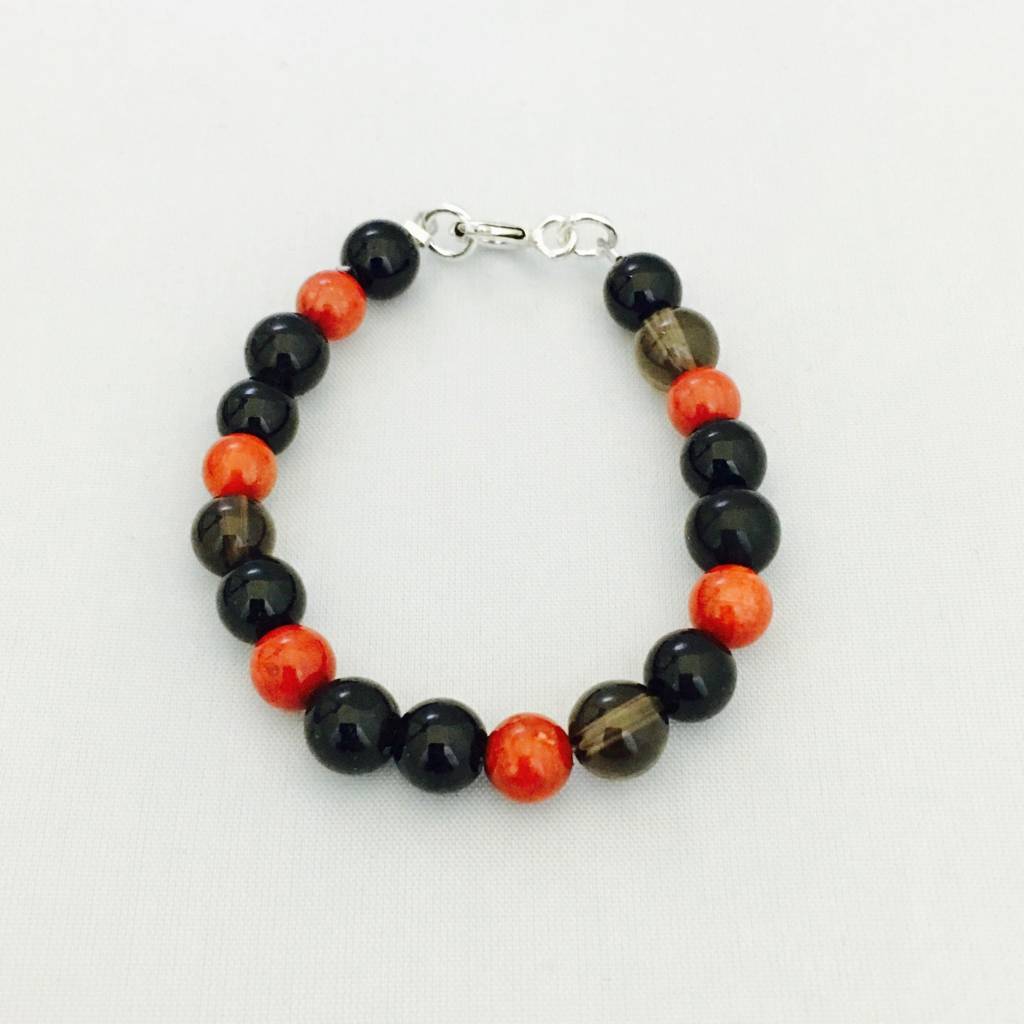 CH854BL Red Dyed Bamboo Coral, Onix Bracelet 6.5mm.