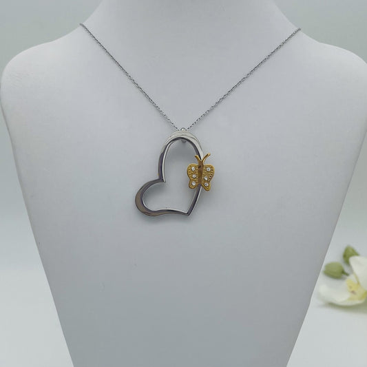 SS1231 18" Heart W/ Gold  Butterfly Necklace