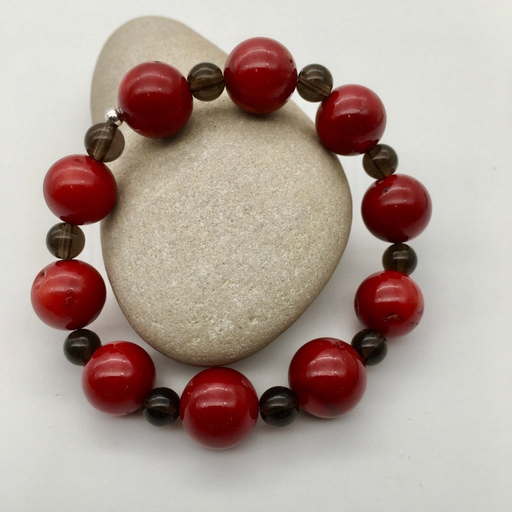 ST1427BL Dyed Red Bamboo Coral and Smoky Quartz Bracelet 7"