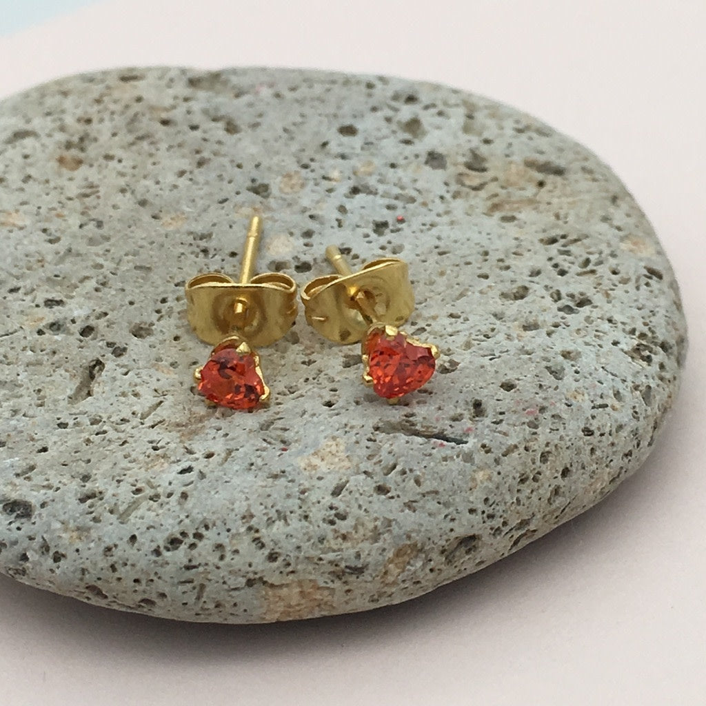 SS1177 3mm. Gold Plated Red Heart Earrings