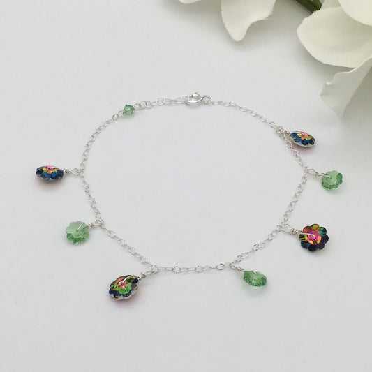 C1226 Green Vitrail Flowers Anklet 10"