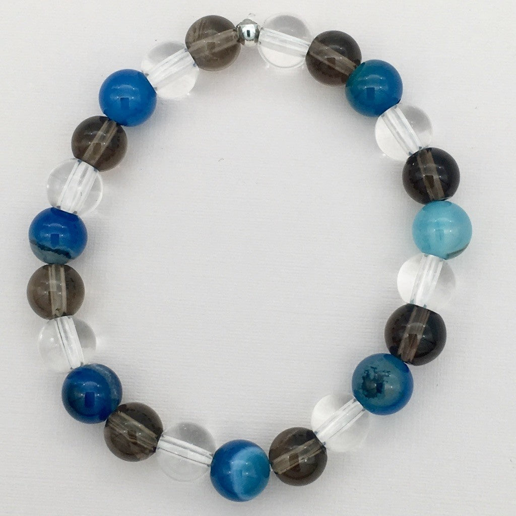 CH824 Blue Agate, Rock crystals and Smoky Quartz 6" Bracelet