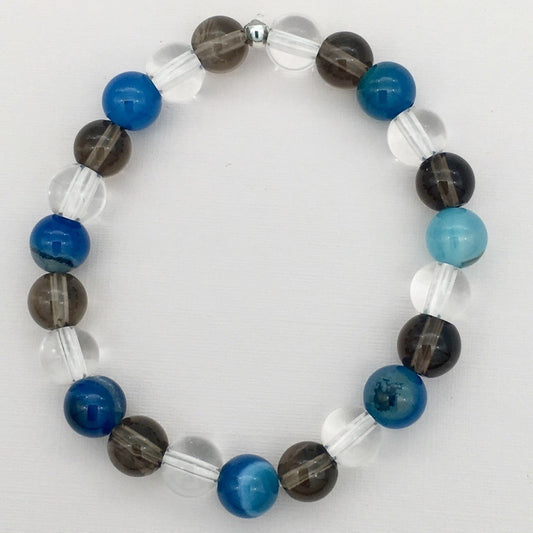 CH824BL Blue Agata, Rock Crystals and Smoky Quartz Bracelet   5"